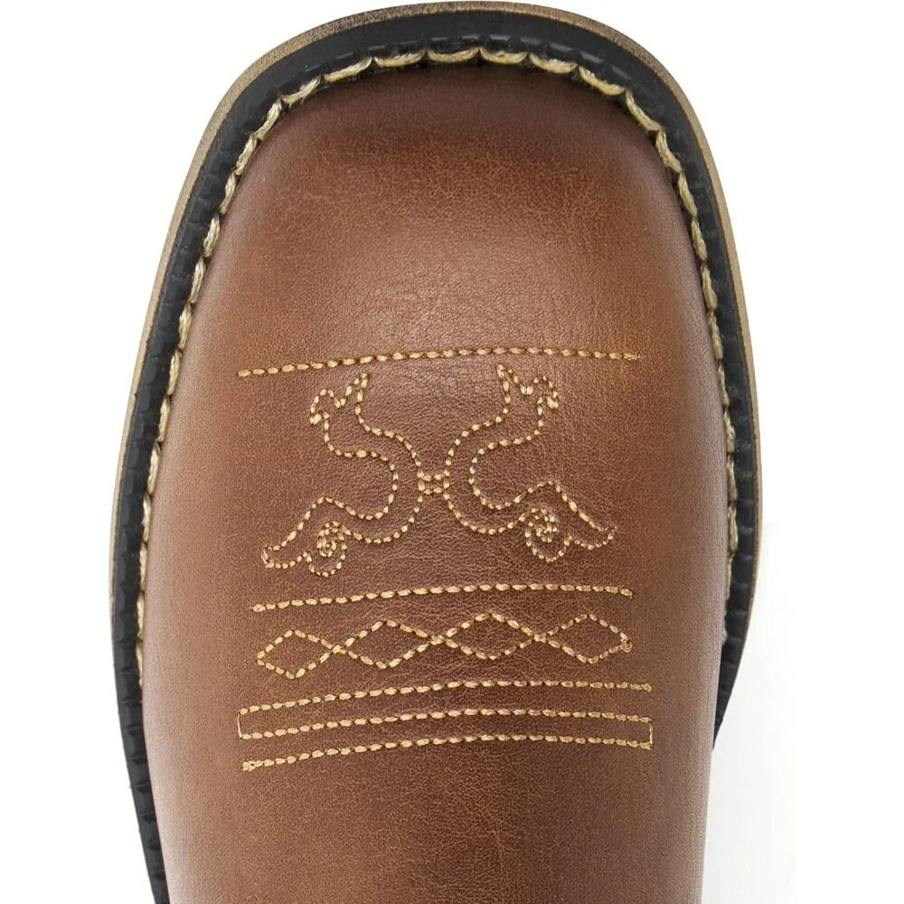 ⚡Girls Brown Embroidered Cowgirl Boots Western Square Toe Mid Calf Riding Shoes